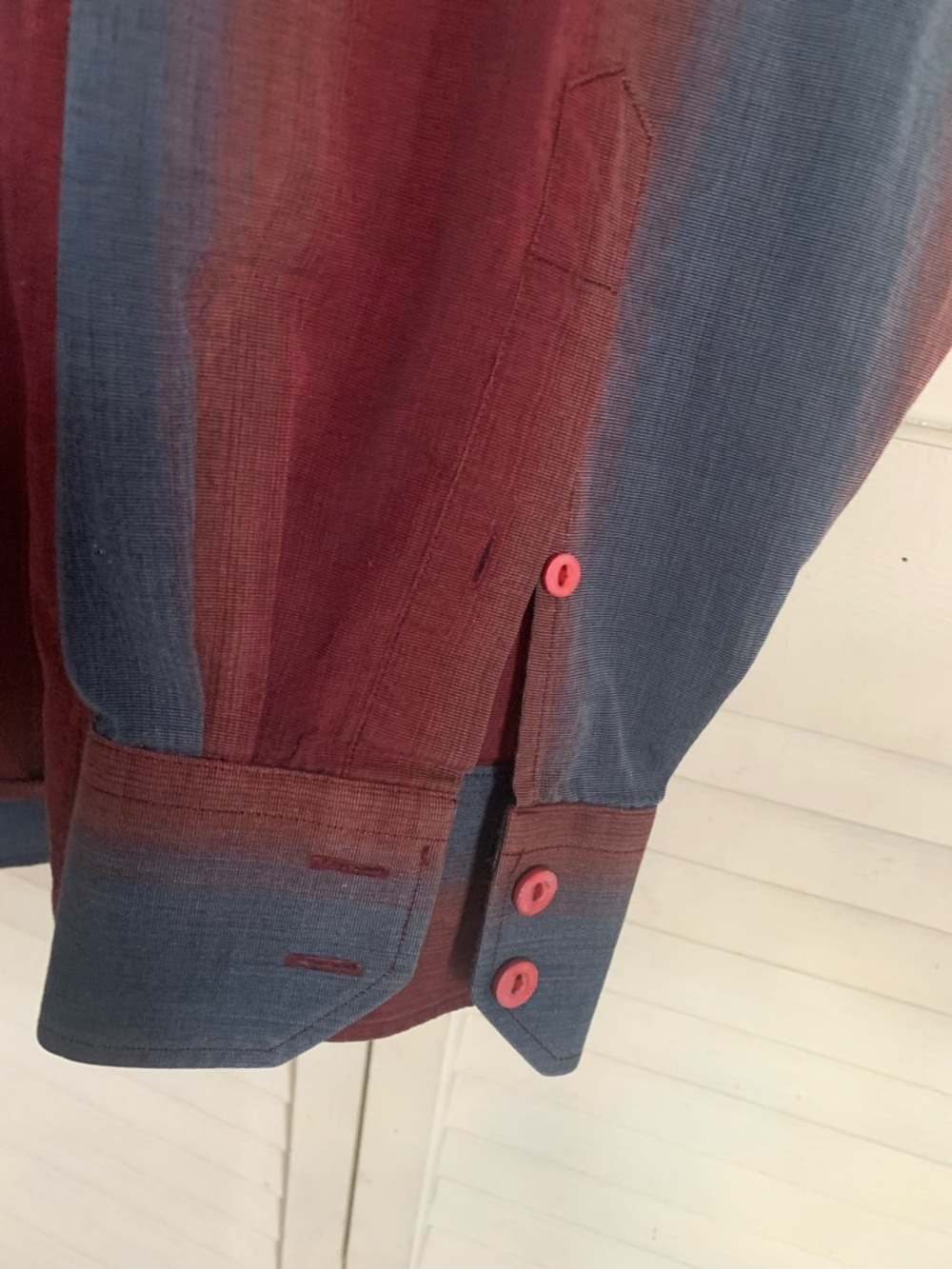 Bugatchi Uomo Men's Burgundy and Blue Vertical Stripe Button-Down Shirt - Picture 7 of 8